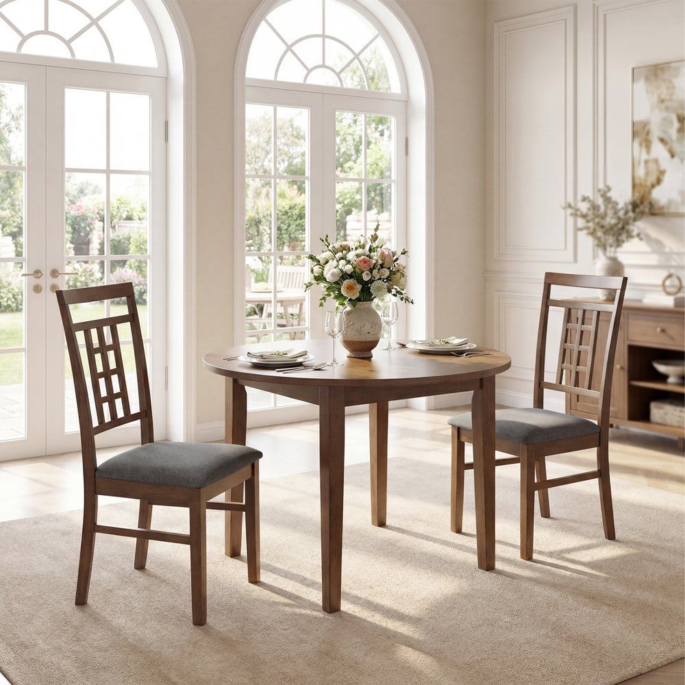 Brown rubber wood dining chairs set of 2 with lattice backrest, perfect for kitchen or dining room use.