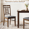 Brown rubber wood dining chair with decorative lattice backrest and soft padded seat, ideal for farmhouse-style dining.