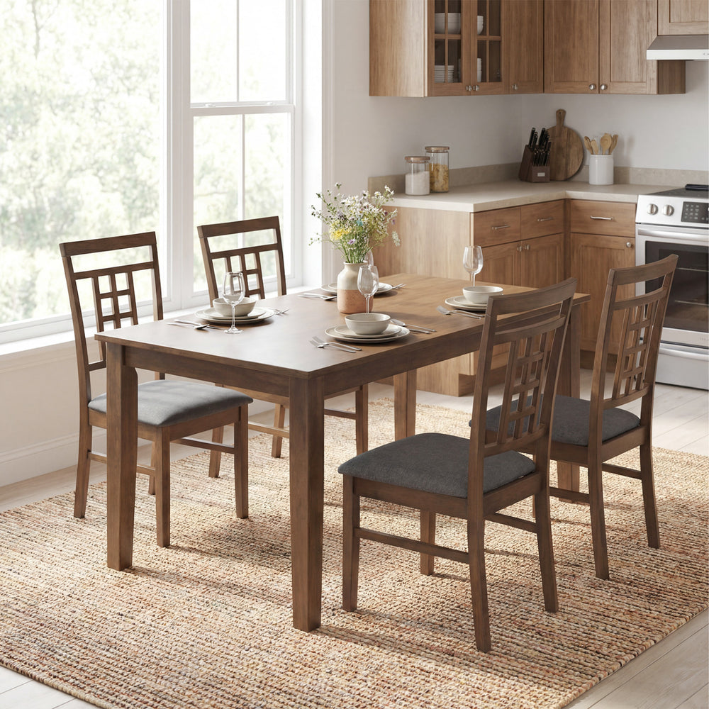 Rubber wood dining chairs set of 4 with lattice backrest, featuring soft padded seats, ideal for kitchen or dining room.