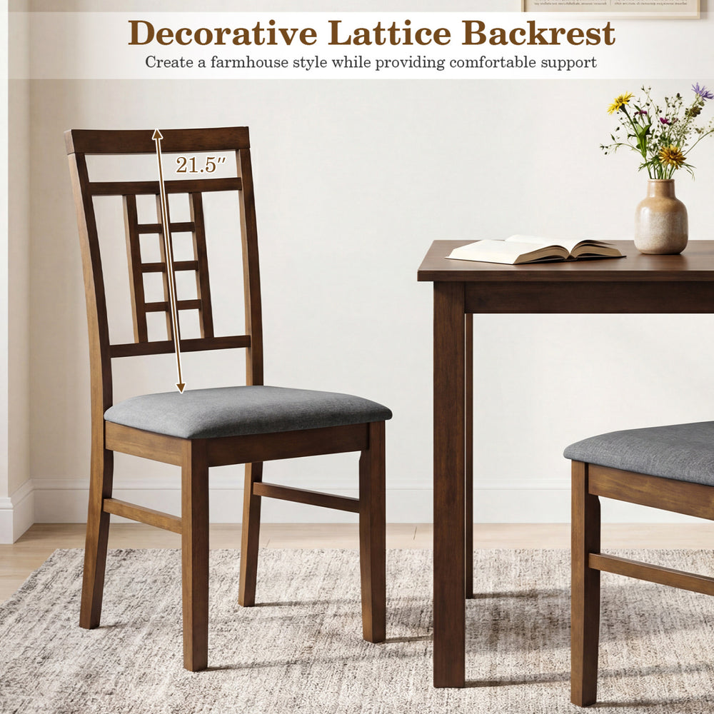 Brown rubber wood dining chair with decorative lattice backrest and soft padded seat, ideal for farmhouse-style dining.
