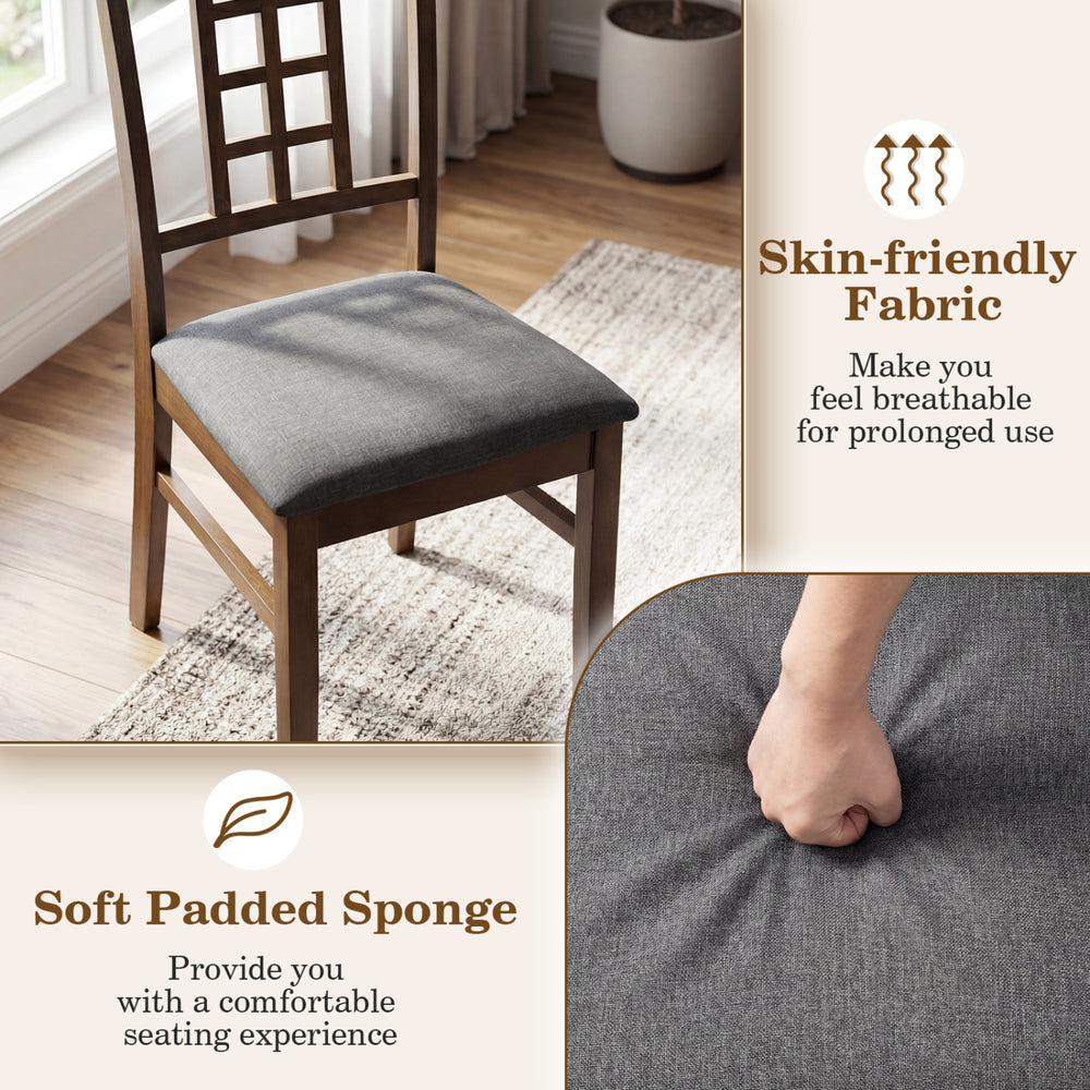 Brown rubber wood dining chair with lattice back, featuring soft padded sponge for comfort and breathable linen fabric.