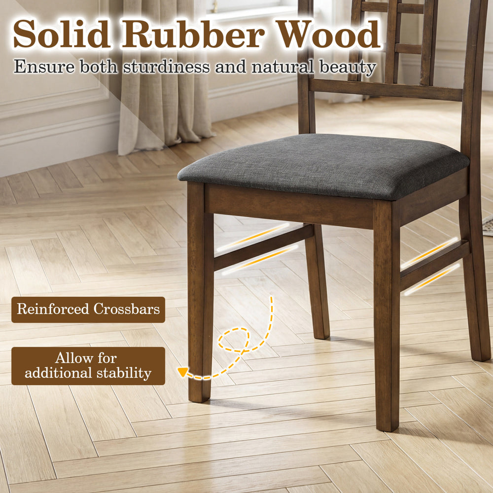 Rubber wood dining chair with lattice backrest, soft padded sponge seat, and reinforced crossbars for added stability.