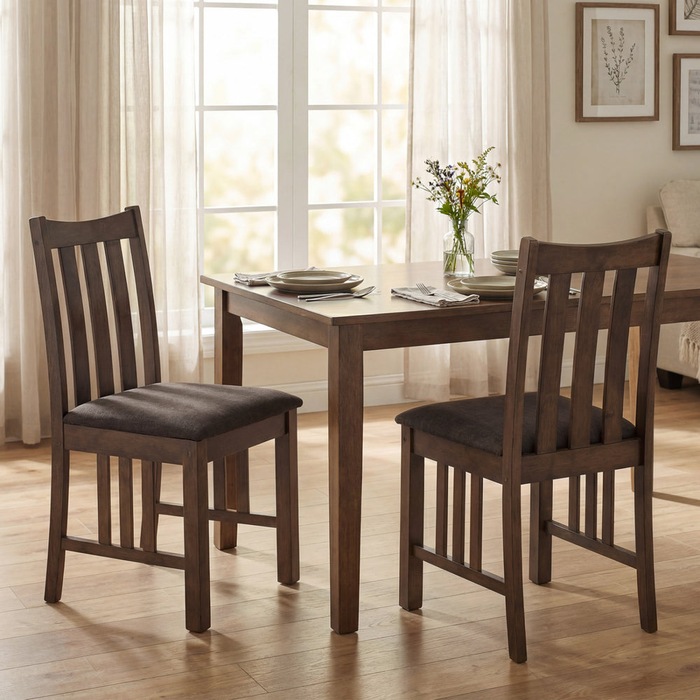 Brown rubber wood dining chairs set of 2 with slat backrest, featuring soft padded seats for comfort in a cozy dining.