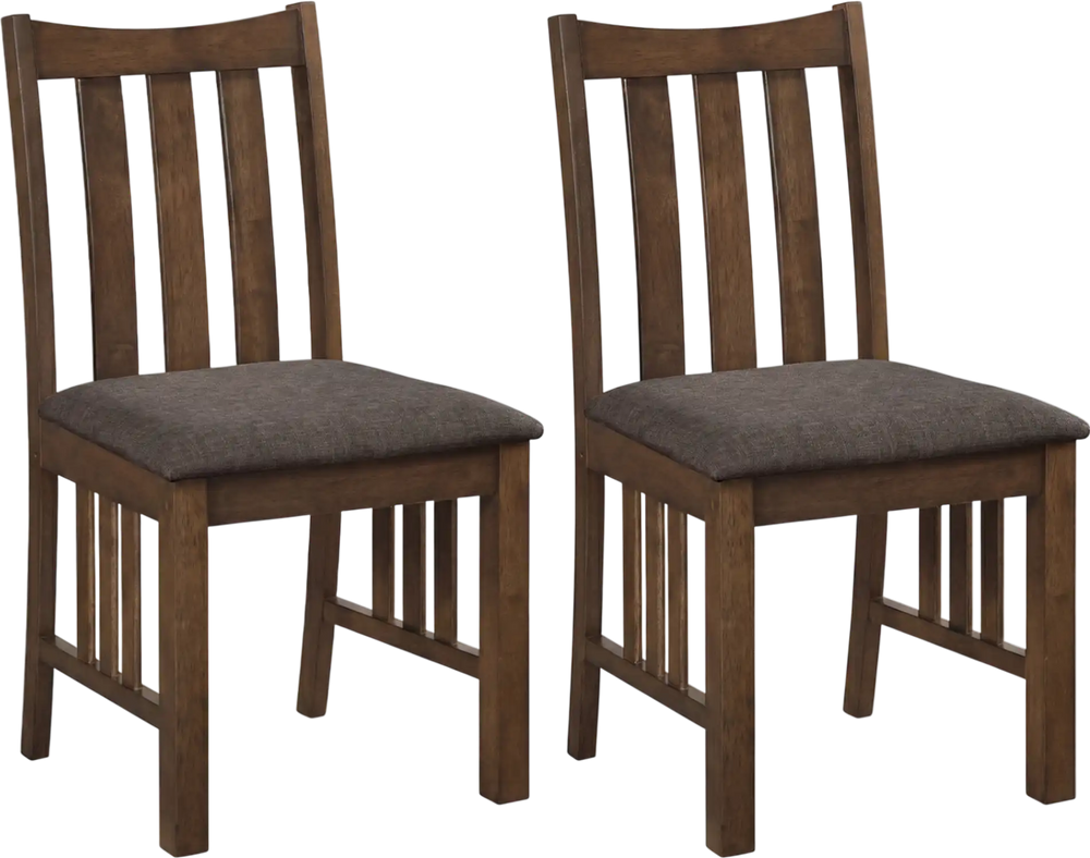Set of 2 brown rubber wood dining chairs with slat backrest and padded sponge seats, ideal for kitchen or dining room.
