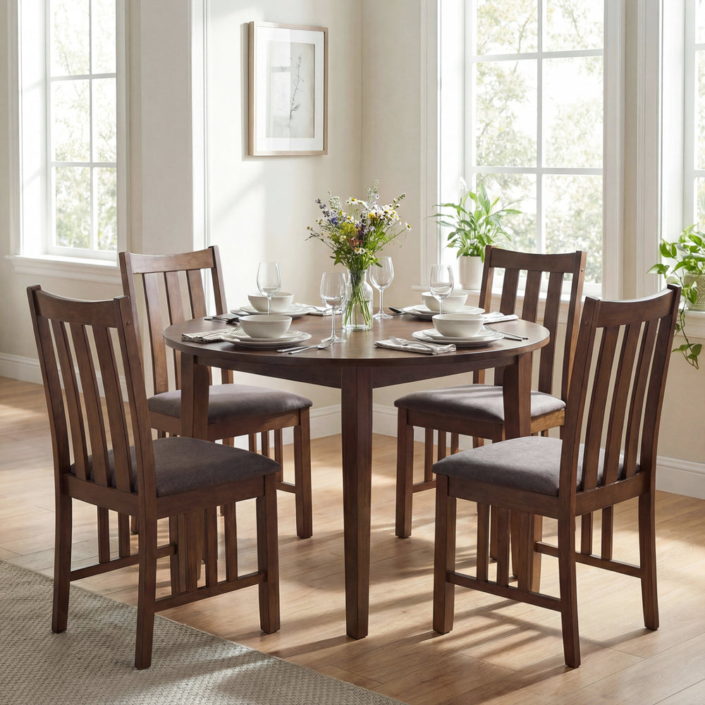 Round dining table set featuring two brown rubber wood side chairs with slat backs, ideal for kitchen or dining room.
