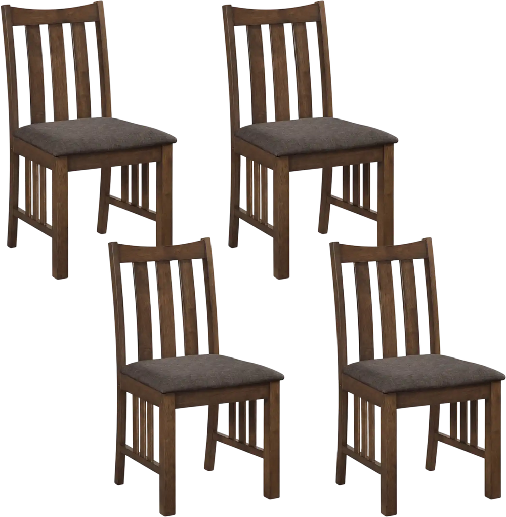 Set of 4 brown rubber wood dining chairs with slat backrest and soft padded seats, ideal for kitchen or dining room.