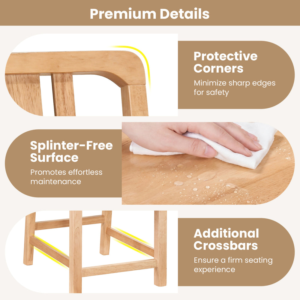 Detail shot of Rubber Wood Dining Chairs highlighting protective corners, splinter-free surface, and additional.