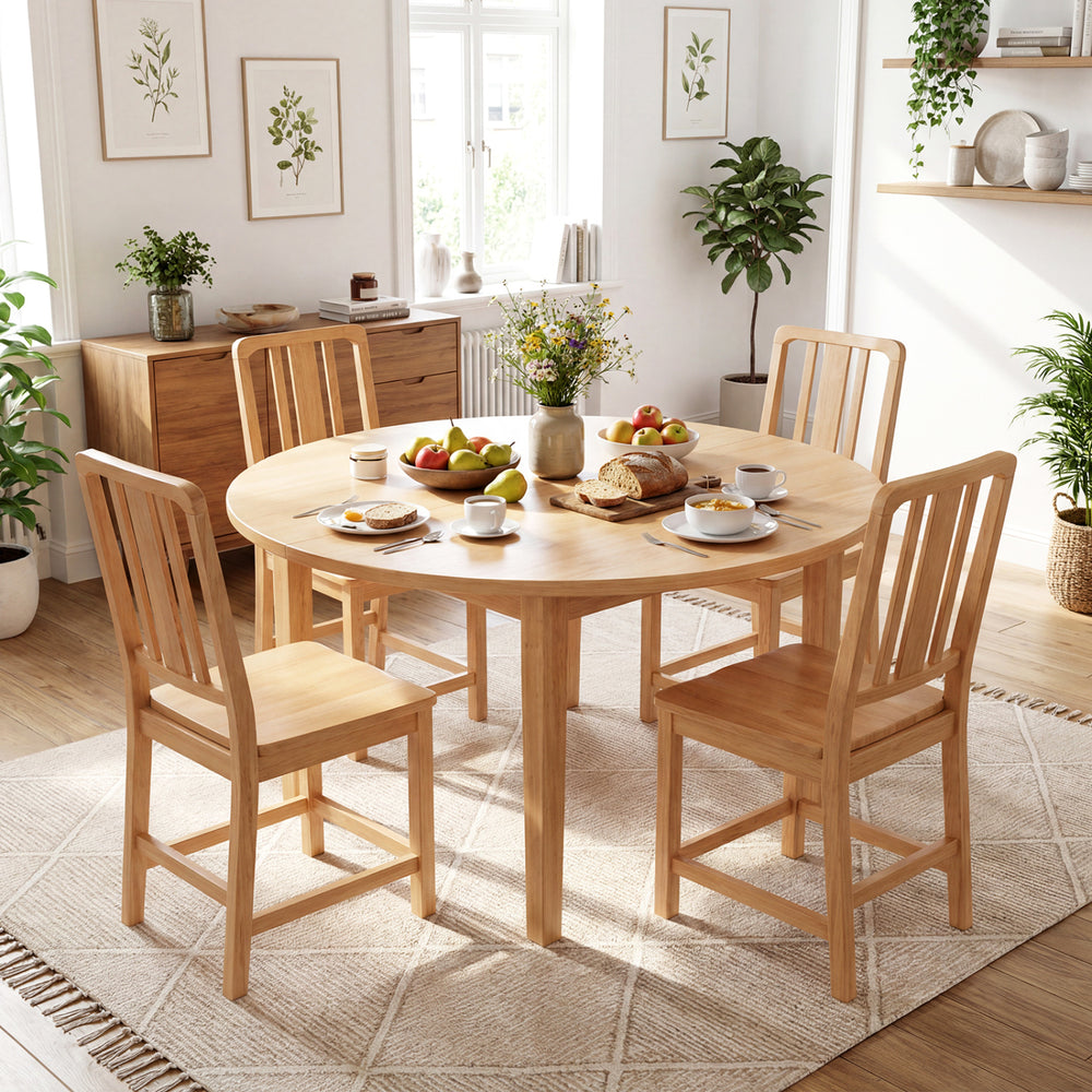 Natural rubber wood dining chairs set of 4 with ergonomic backrests, arranged around a round dining table in a bright.