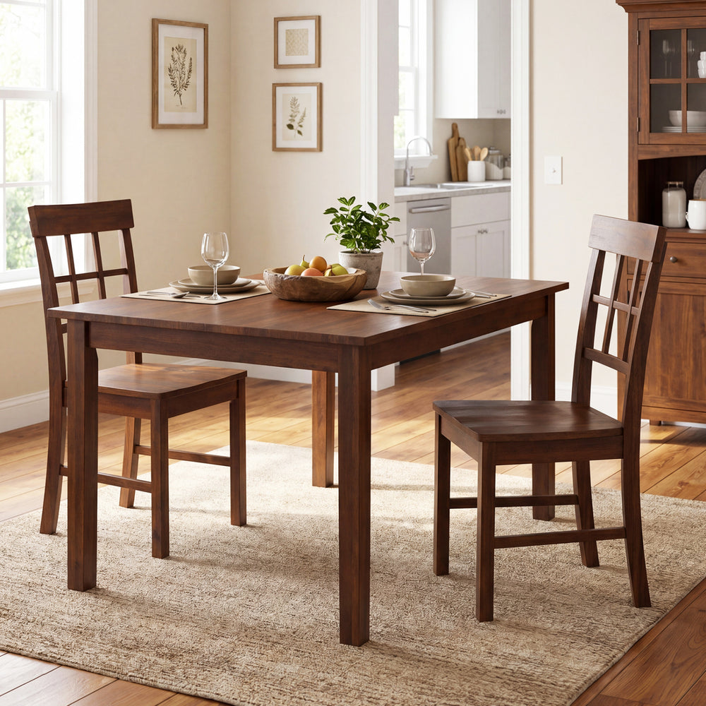 Brown rubber wood dining chairs set of 2 with high backrests, placed around a dining table in a cozy kitchen setting.