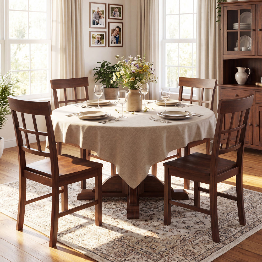 Brown rubber wood dining chairs with high backrests, set of 2, arranged around a round dining table.