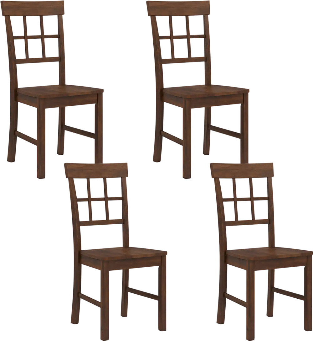 Set of 4 brown rubber wood dining chairs with high backrests, featuring a classic grid design for stylish seating.