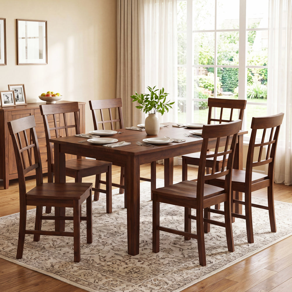 Rubber wood dining chairs set of 4 with high backrests in brown, arranged around a dining table in a bright room.