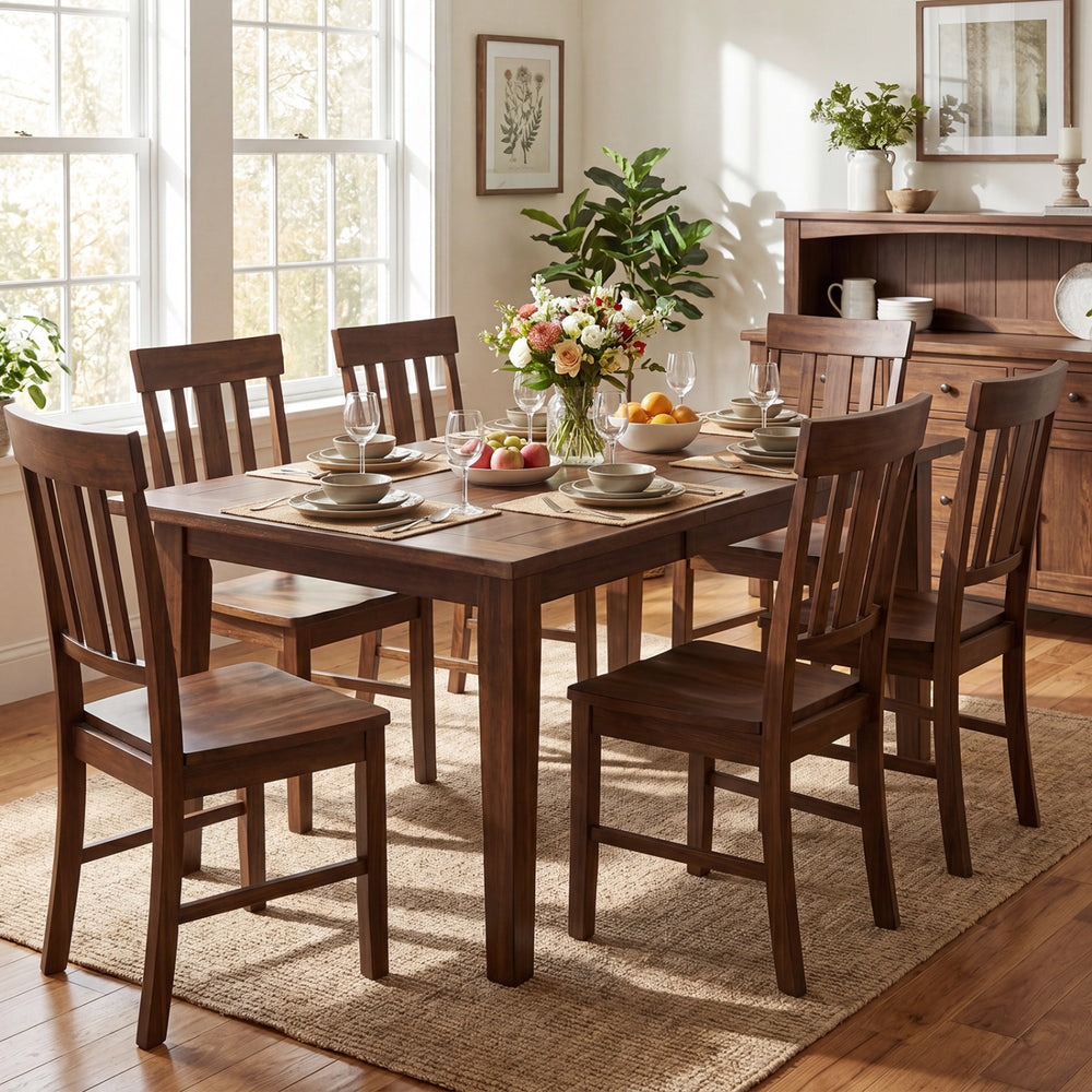 Set of two brown rubber wood dining chairs with high slat backrests, perfect for enhancing your dining space.