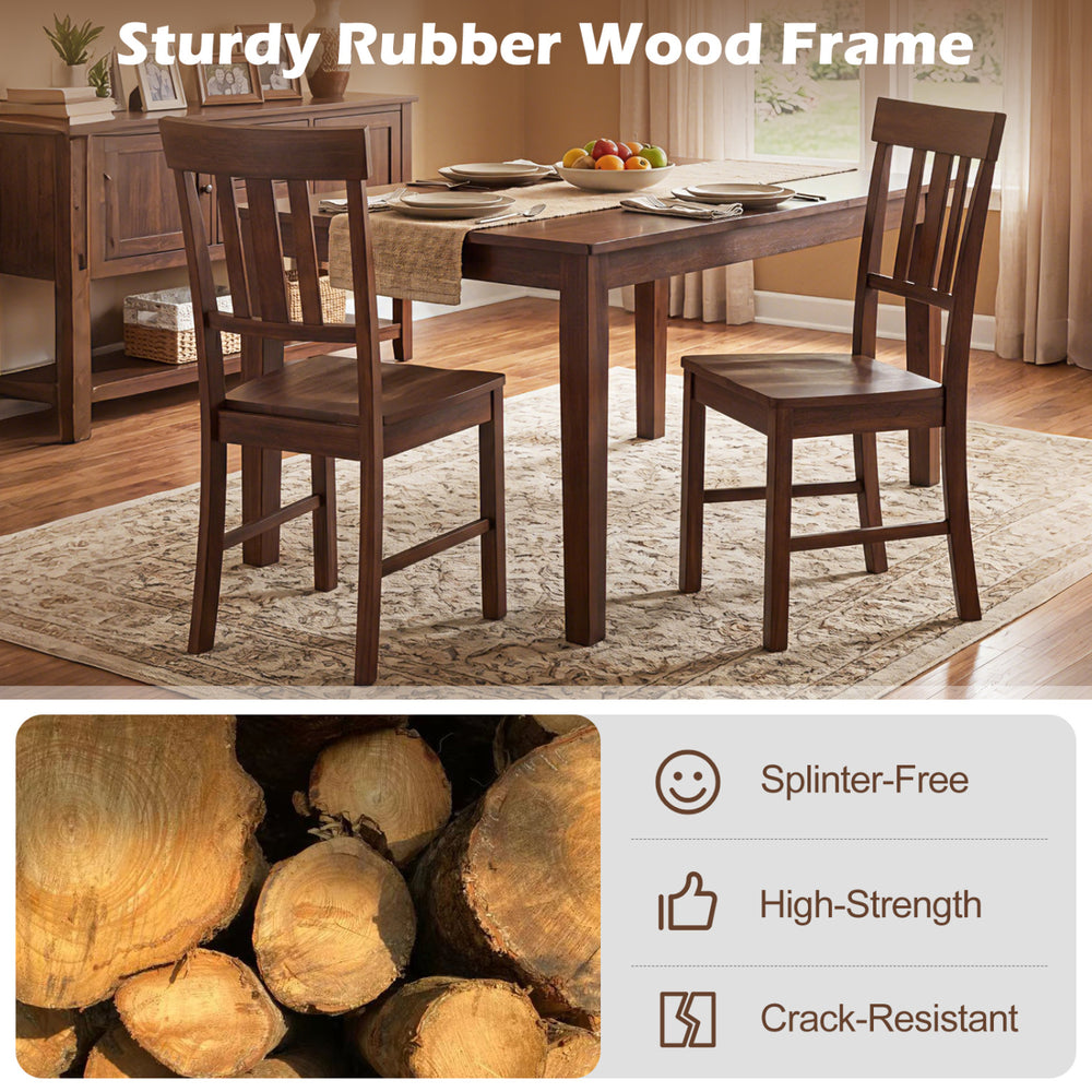 Brown rubber wood dining chairs set of 2 with high slat backrests, ideal for dining rooms and kitchen spaces.