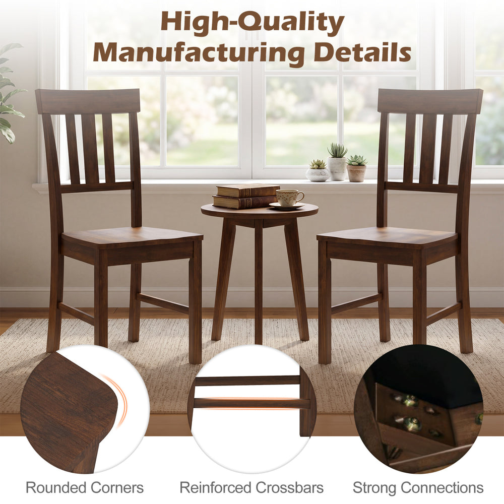 Set of 2 brown rubber wood dining chairs with high slat backrests, featuring rounded corners and reinforced crossbars.