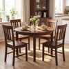 Brown rubber wood dining chairs set of 4 with high slat backrests, arranged around a round table in a bright kitchen.