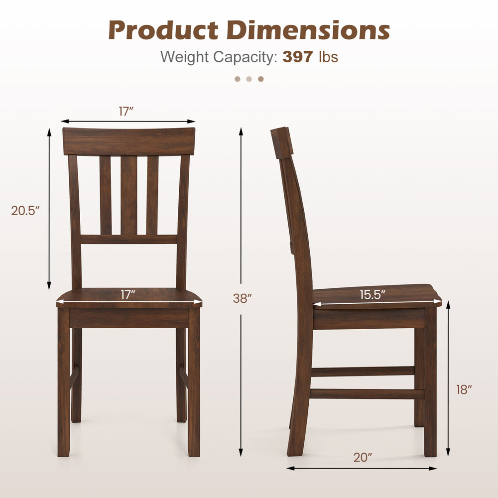 Rubber wood dining chair dimensions with high slat backrest, brown finish, weight capacity 397 lbs.
