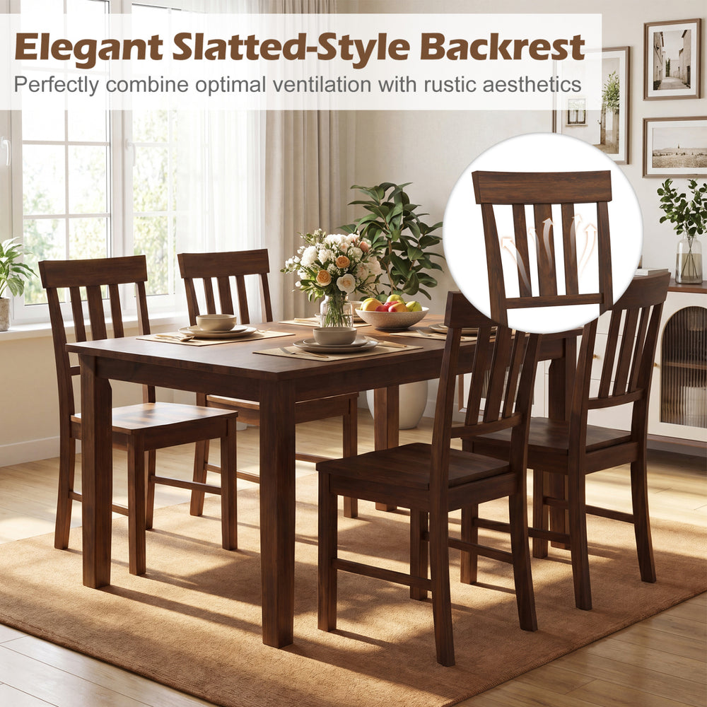 Rubber wood dining chairs set of 4 with high slat backrests in brown, perfect for rustic dining room aesthetics.