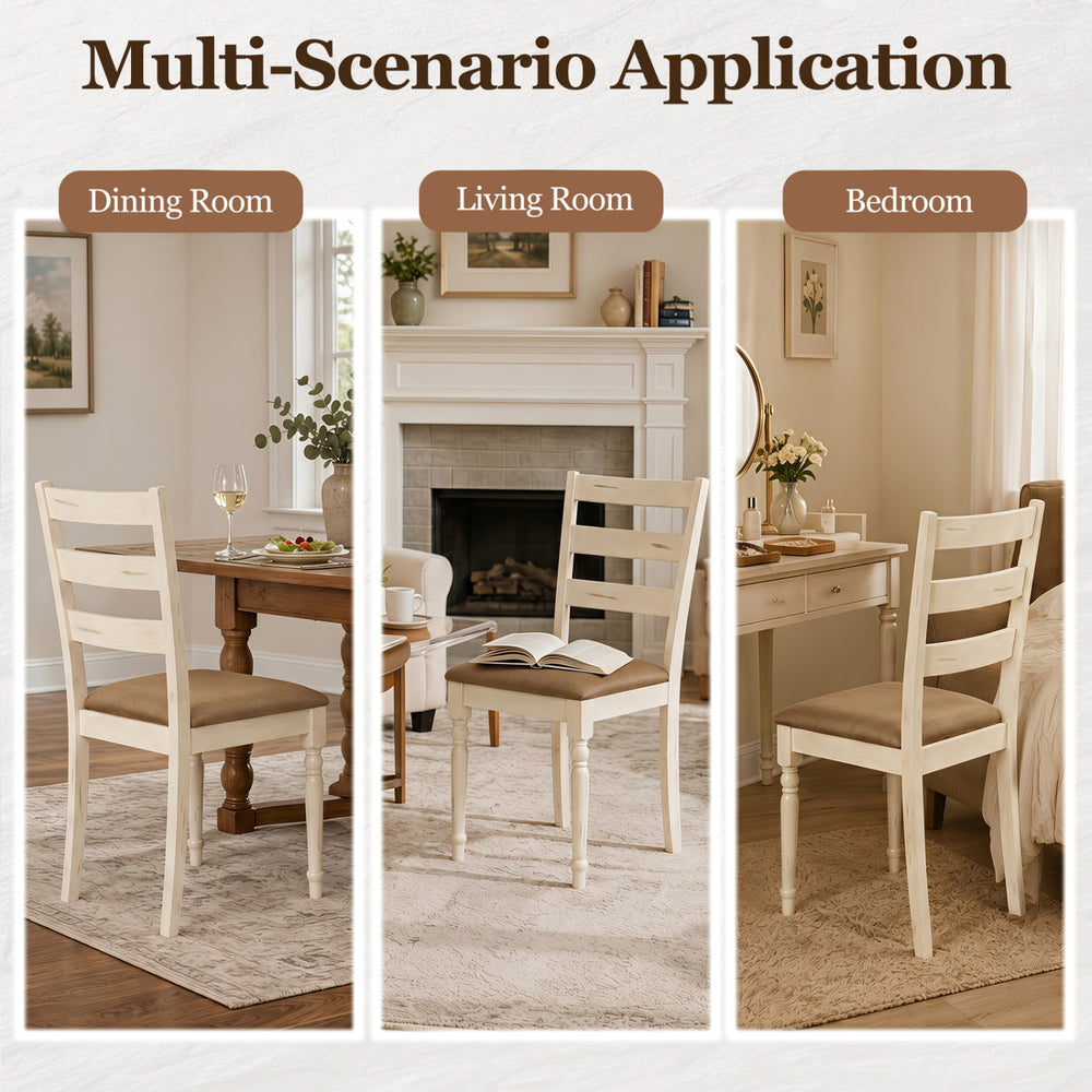 Set of 4 white rubber wood dining chairs with padded linen seats and slatted backrests for versatile home use.