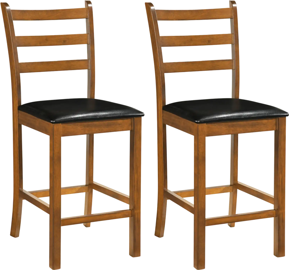 Set of 2 walnut rubber wood ladder back bar stools with black upholstered seats for kitchen island or home bar use.