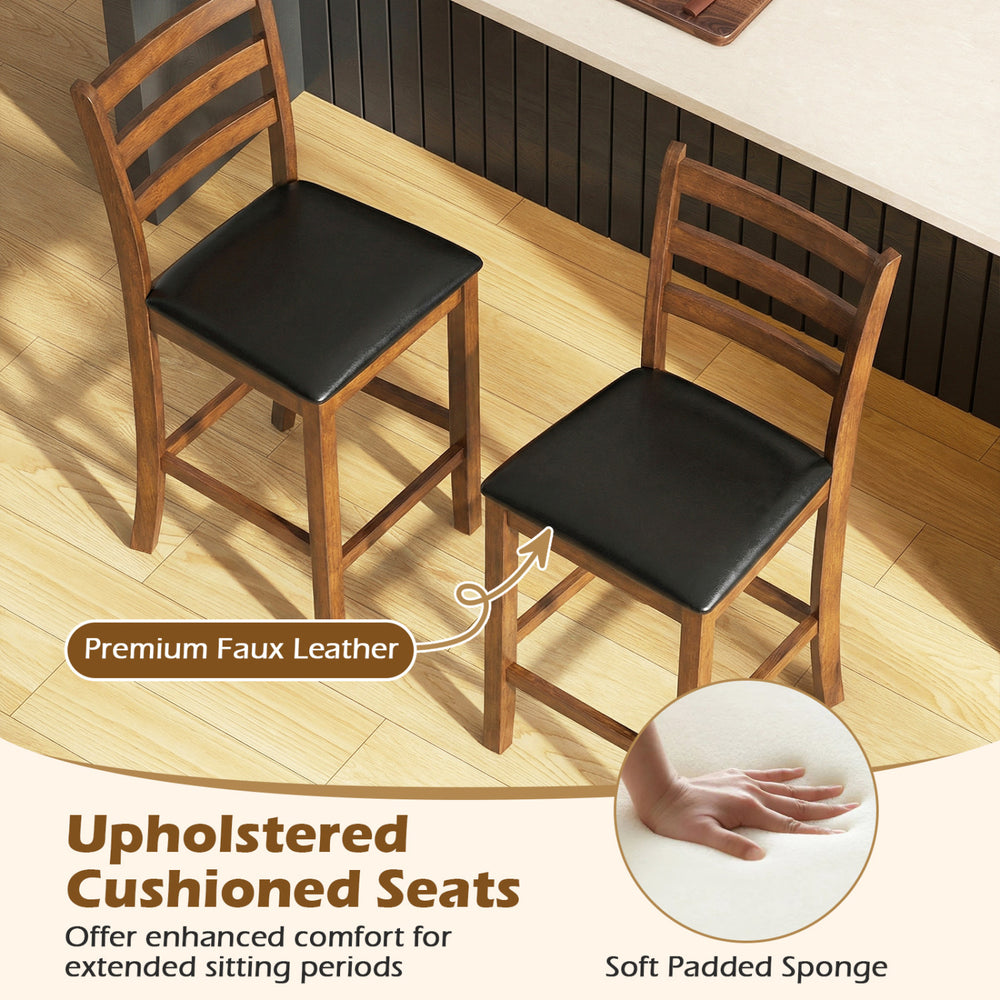 Rubber wood ladder back bar stools set of 2 with upholstered cushioned seats for kitchen island comfort.