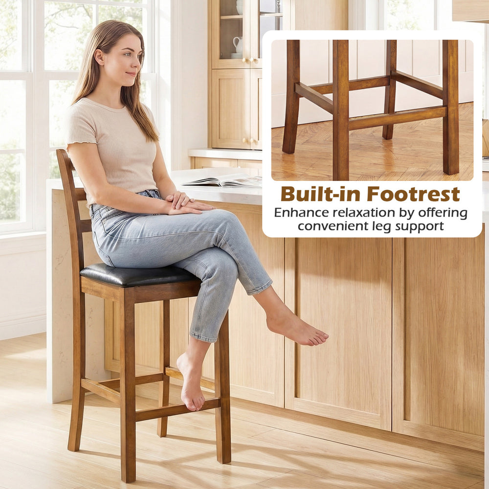 Ladder back bar stool with built-in footrest, walnut rubber wood, 24-inch height, ideal for kitchen islands and home.