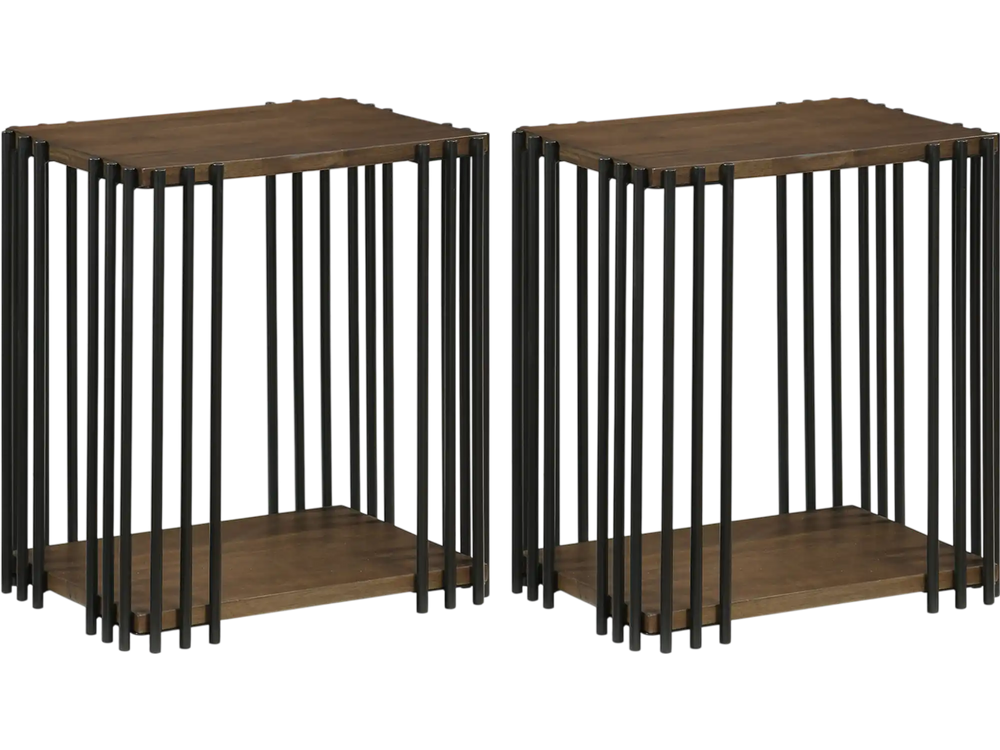 Rubber wood side table set of 2 with metal frame and 2-layer storage shelves, ideal for living room or bedroom use.