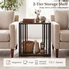 Rubber wood side table with 2-tier storage shelves and metal frame, perfect for living room or bedroom organization.