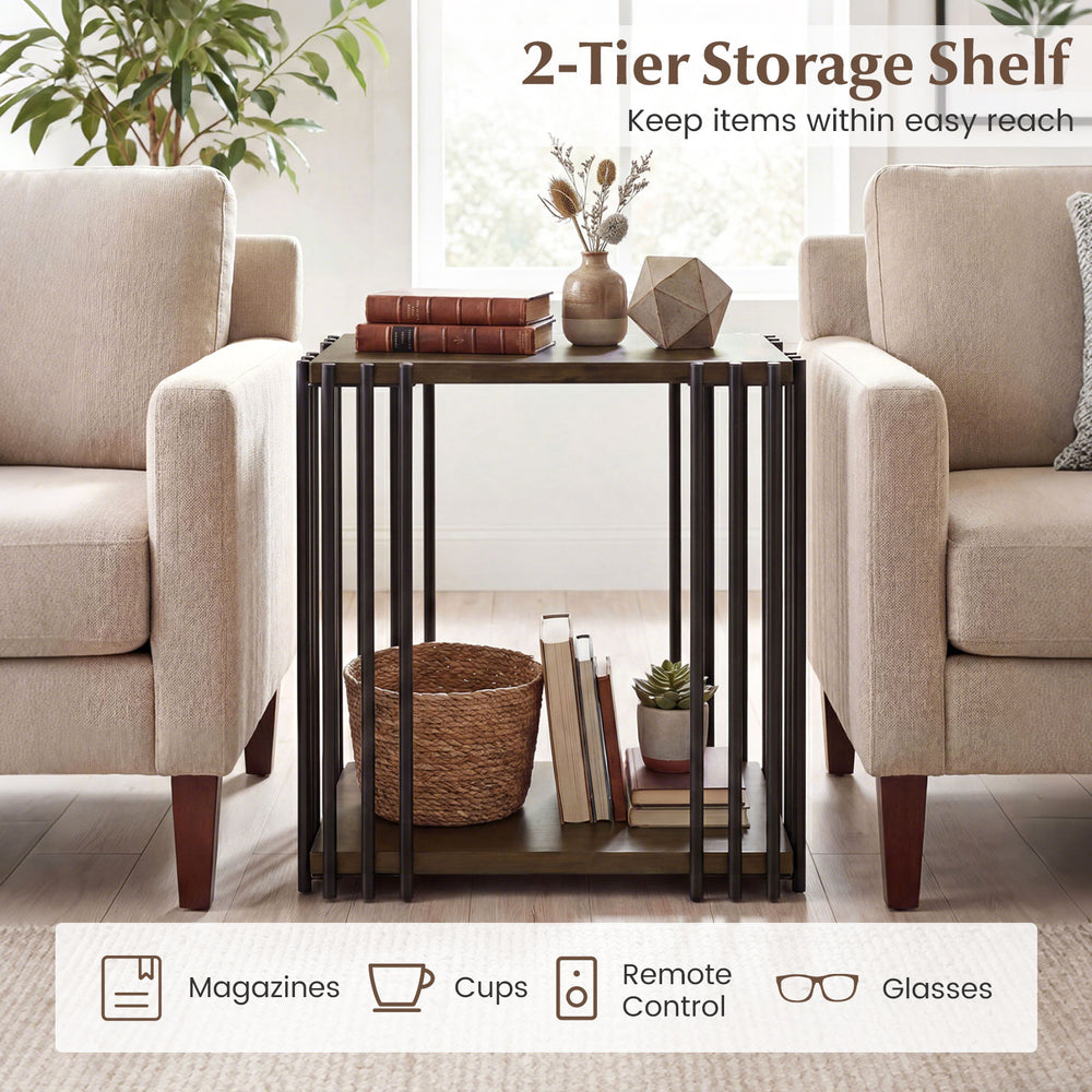 Rubber wood side table with 2-tier storage shelves and metal frame, perfect for living room or bedroom organization.