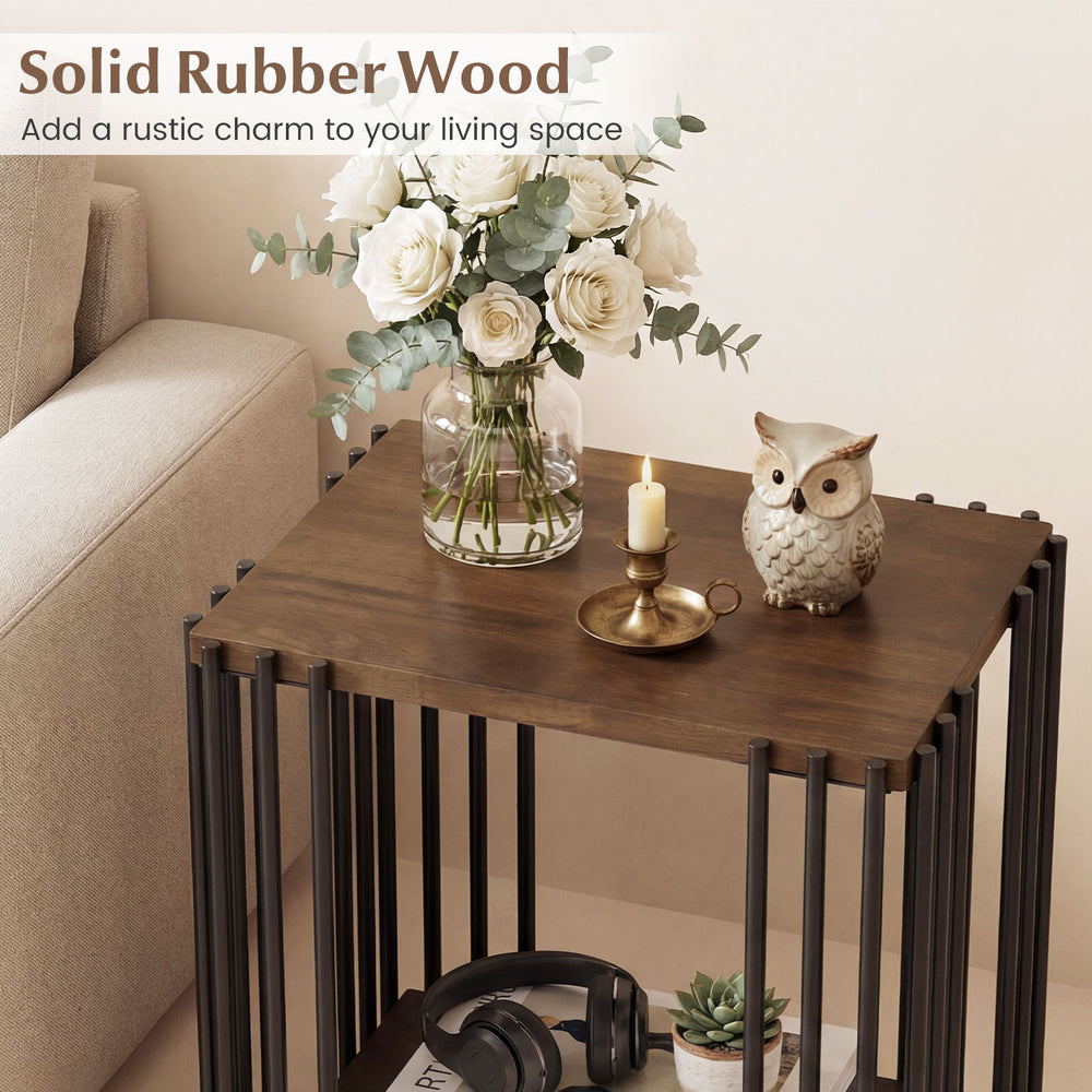 Rubber wood side table with metal frame, featuring 2-layer storage shelves, perfect for rustic living spaces.