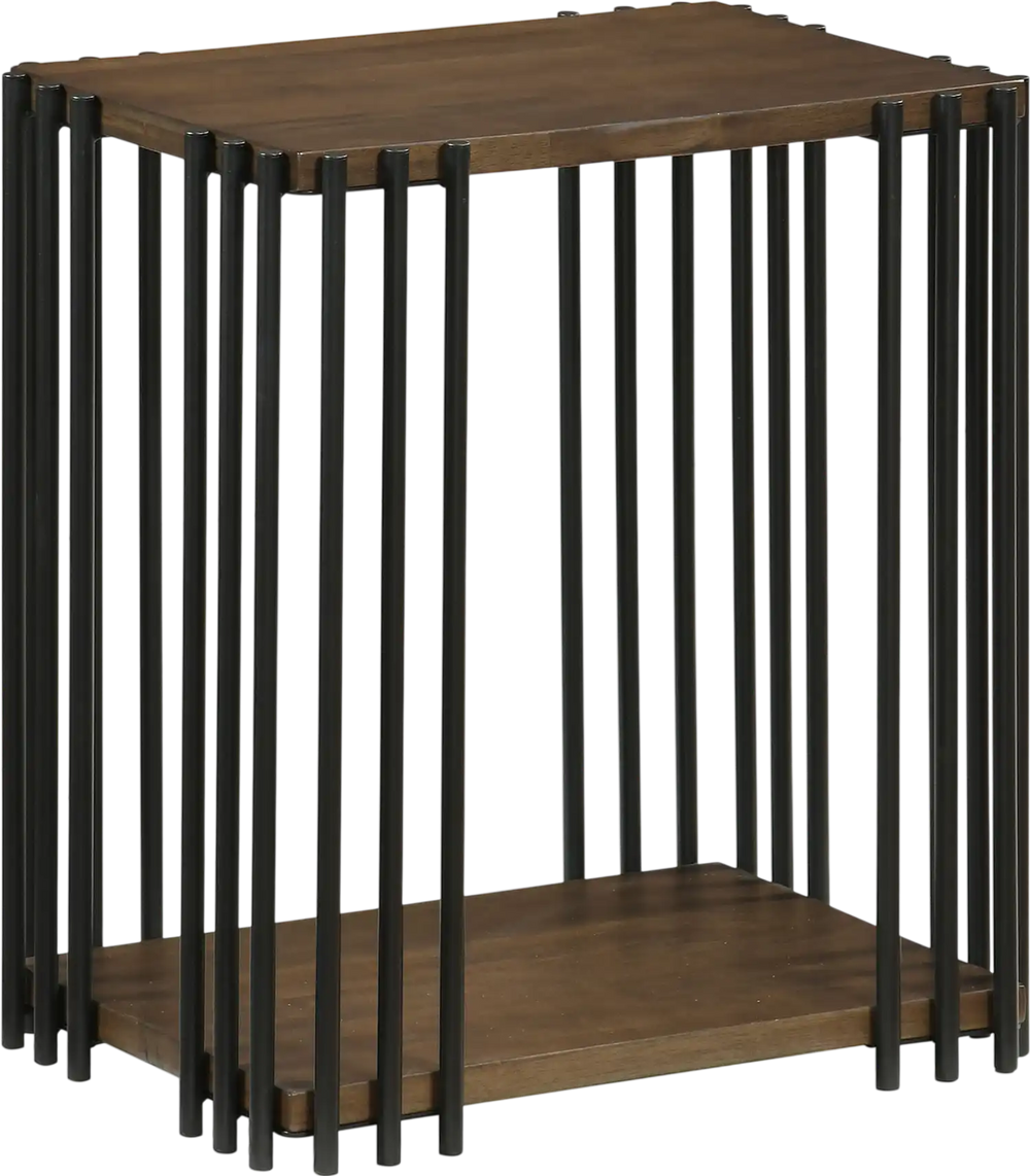 Rubber wood side table with walnut finish and metal frame, featuring 2-layer storage shelves for living room or bedroom.