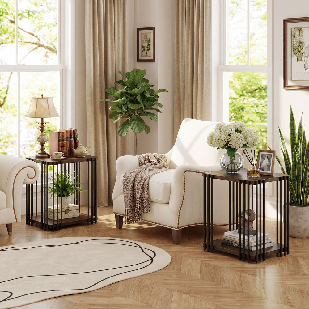 Rubber wood side table set of 2 with metal frame and 2-layer storage shelves, perfect for living room or bedroom use.
