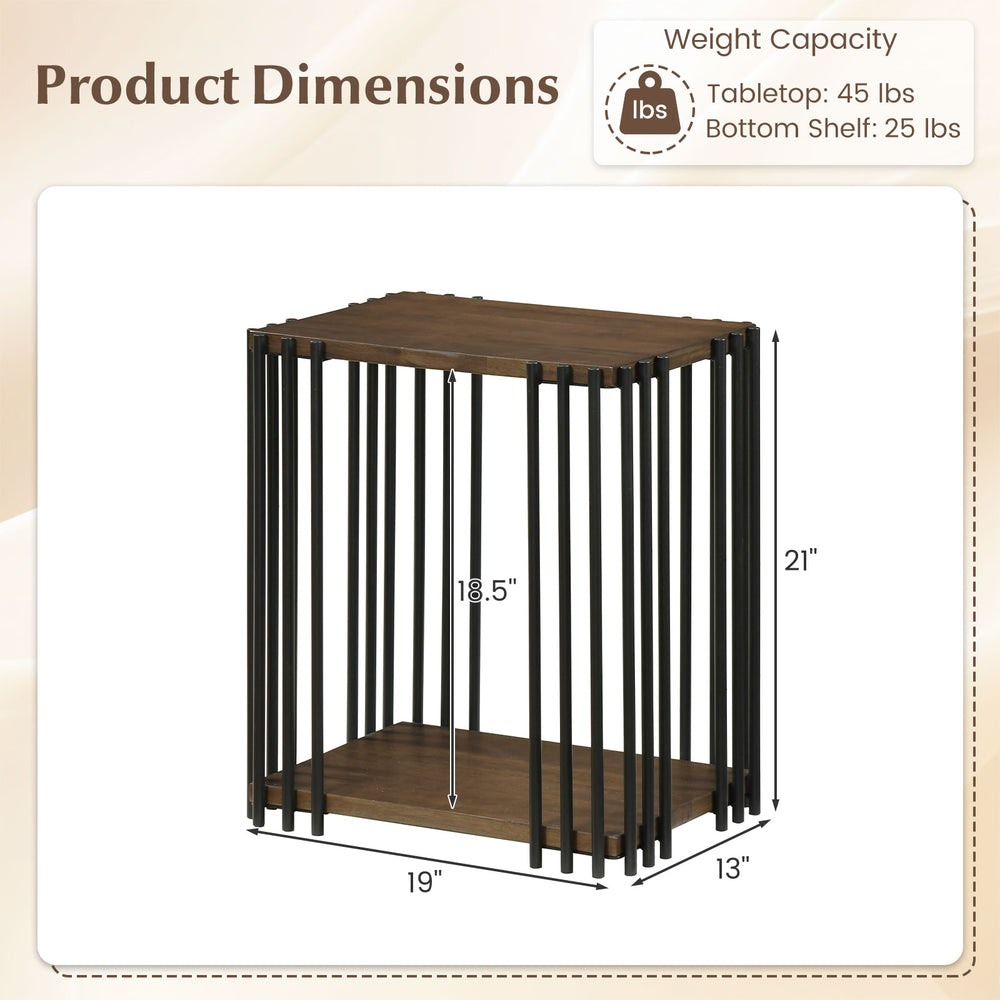 Rubber wood side table with metal frame, featuring 2-layer storage shelves, ideal for living room or bedroom use.