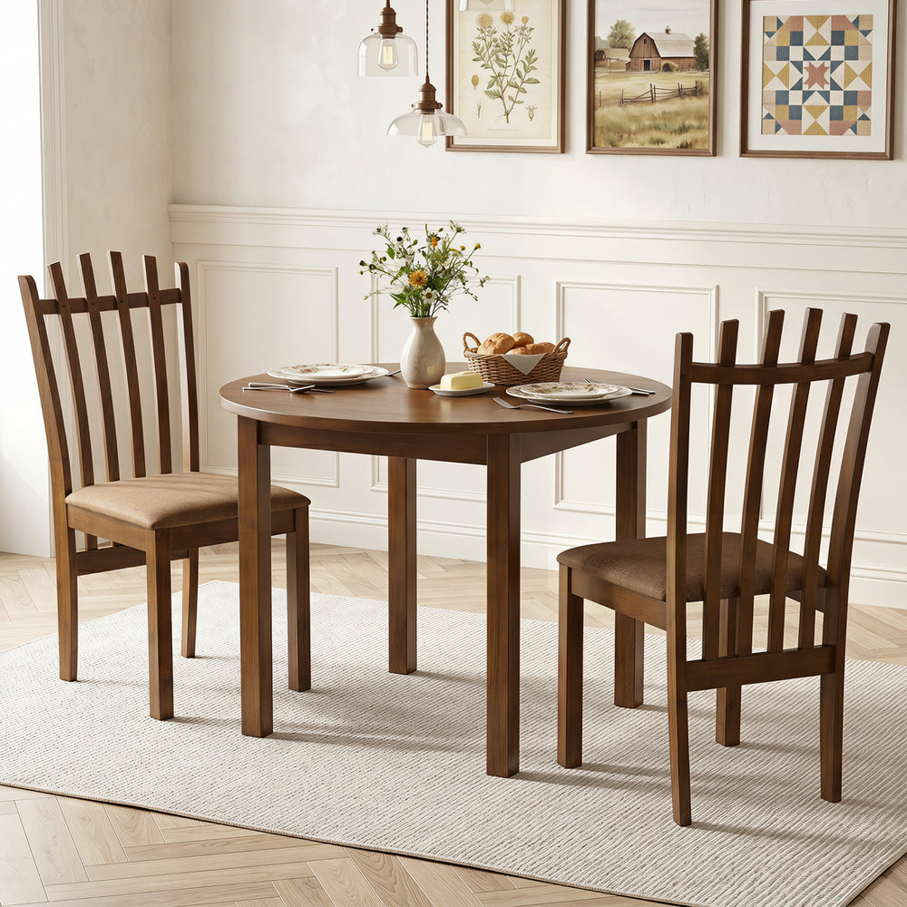 Brown rubber wood slat back dining chairs set of 2 with cushioned seats, perfect for comfortable family meals.