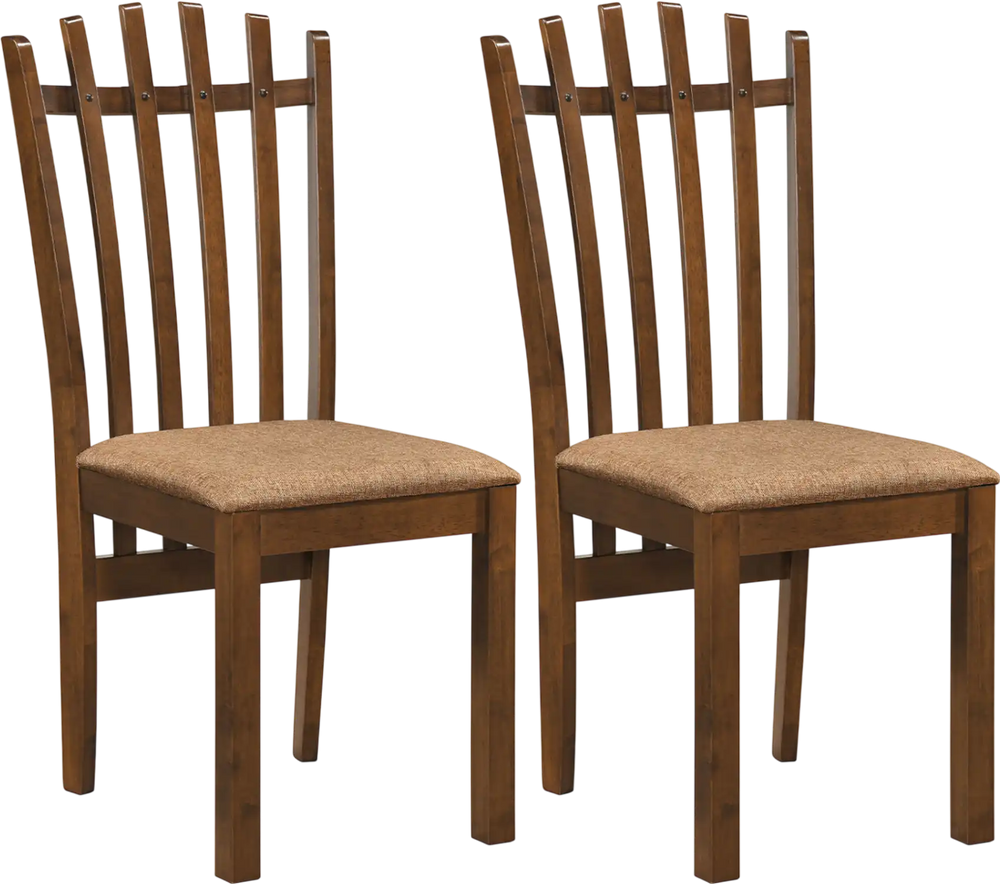 Set of 2 brown rubber wood slat back dining chairs with cushioned seats for comfortable family meals.