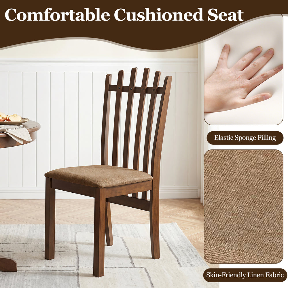 Brown rubber wood slat back dining chair with a cushioned seat and ergonomic design for comfortable family dinners.