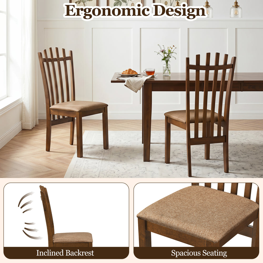 Brown rubber wood slat back dining chairs set of 2 features ergonomic design and spacious seating for comfortable dining.