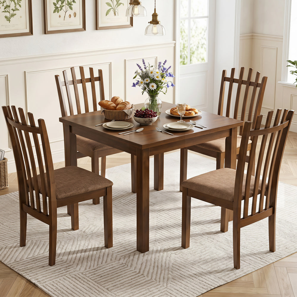 Brown rubber wood slat back dining chairs set of 4 with cushioned seats for comfortable family meals and stylish decor.