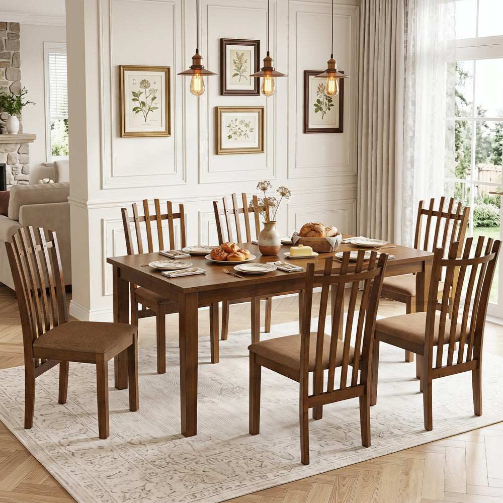 Brown rubber wood slat back dining chairs set of 4 features cushioned seats and ergonomic design for comfortable dining.