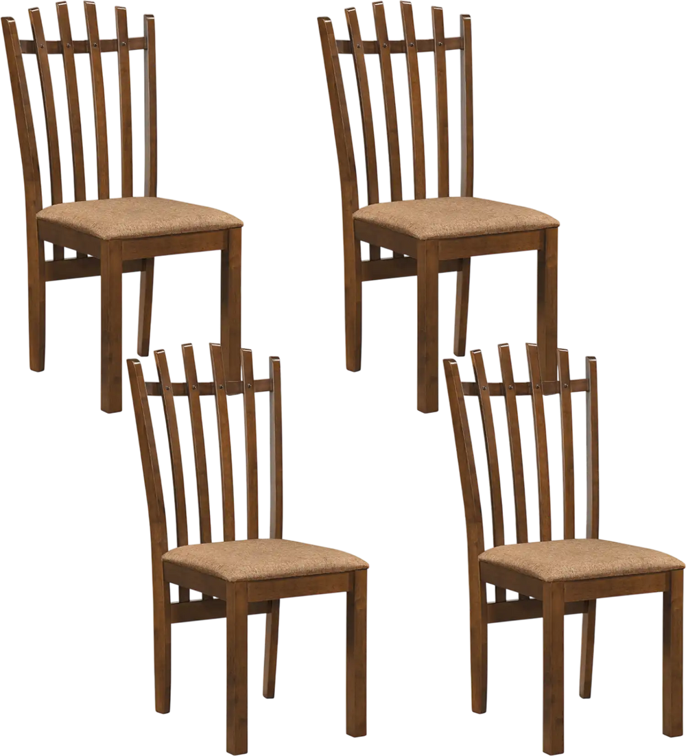 Set of 4 brown rubber wood slat back dining chairs with cushioned seats for comfortable family meals and space-saving design.