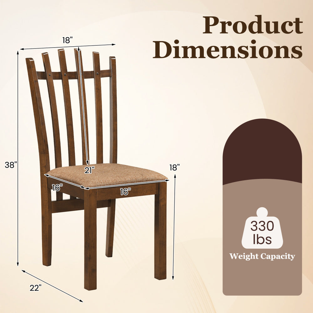 Brown rubber wood slat back dining chair with cushioned seat, ergonomic design, and 330 lbs weight capacity for comfort.