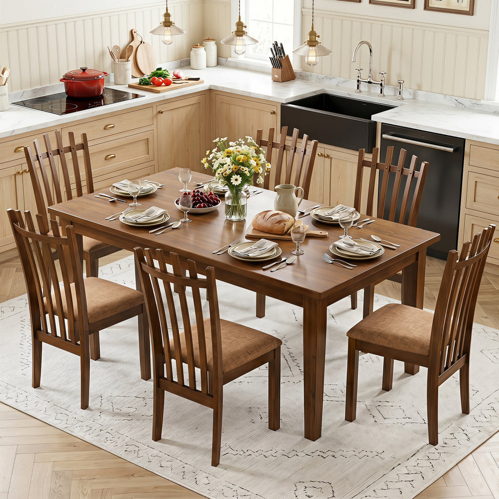 Brown rubber wood slat back dining chairs set of 4 with cushioned seats, perfect for comfortable family meals.