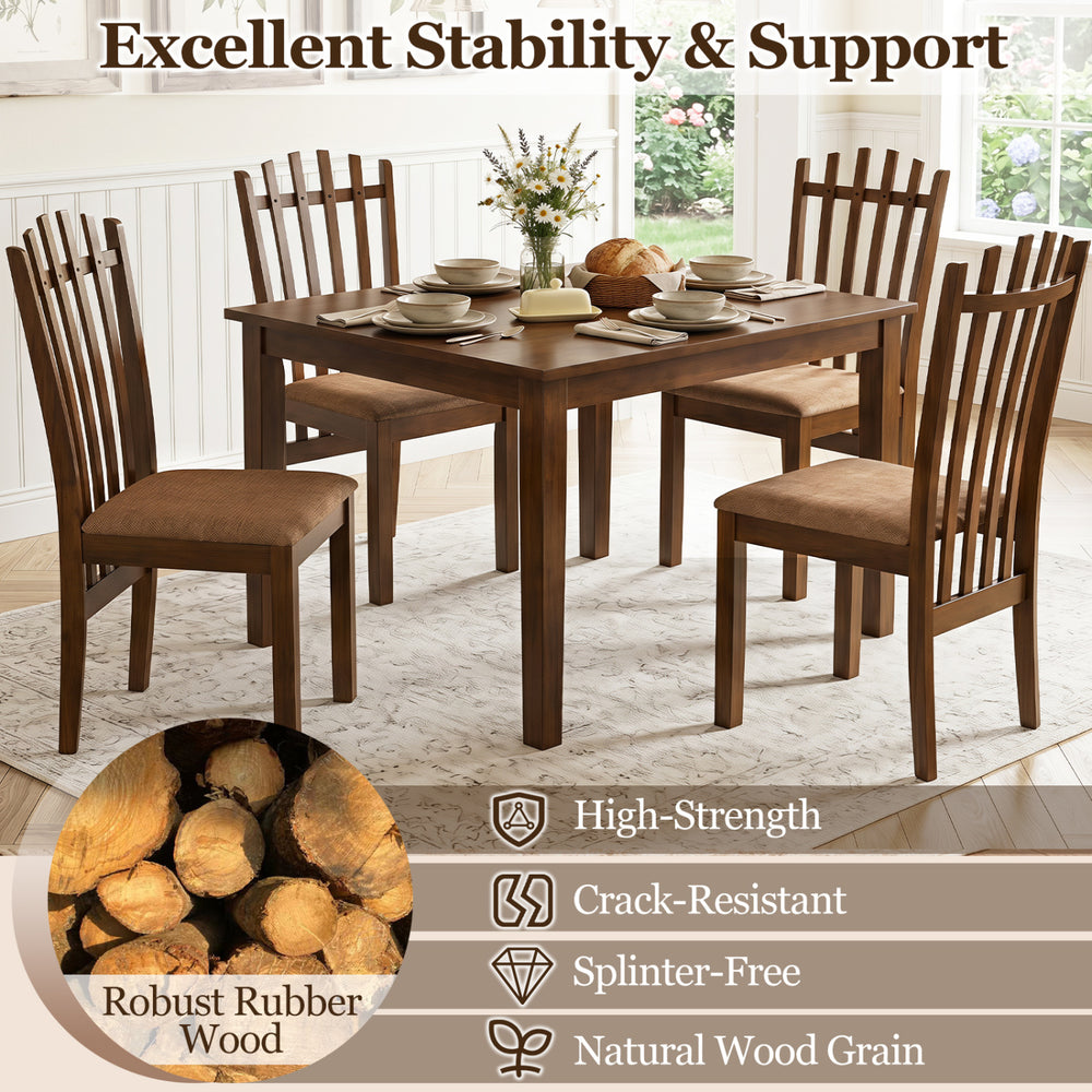Brown rubber wood slat back dining chairs set of 4 features ergonomic design and cushioned seats for comfortable dining.