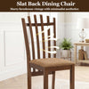 Brown rubber wood slat back dining chair features a cushioned seat and ergonomic design for comfortable family meals.