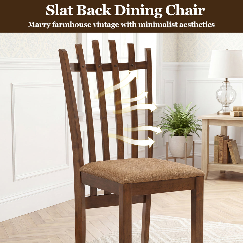 Brown rubber wood slat back dining chair features a cushioned seat and ergonomic design for comfortable family meals.