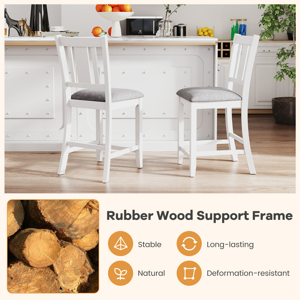 Rubber wooden bar stools set of 2 with ergonomic back and comfortable linen cushions, ideal for kitchen islands.