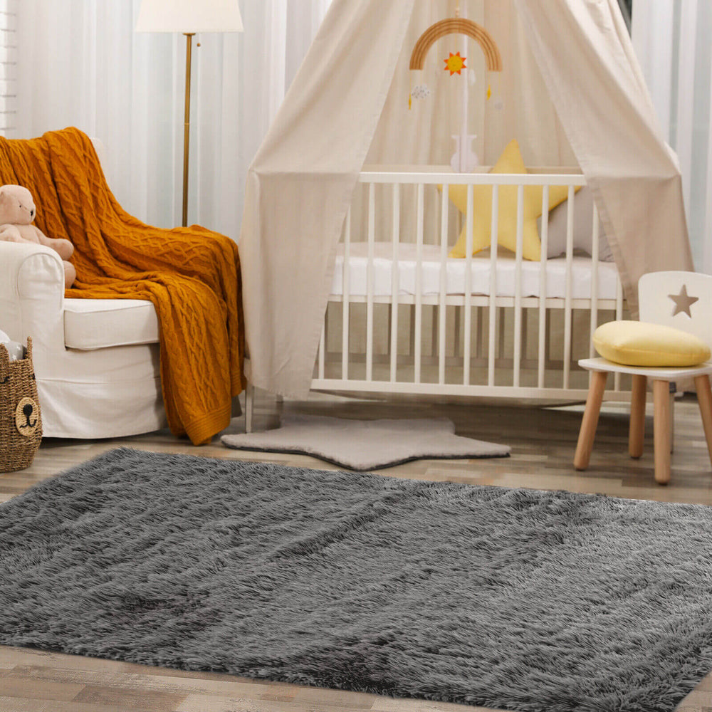 Soft gray shag area rug, 5 x 7 feet, featuring a luxurious long pile and anti-slip design, perfect for living room or.