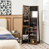 Standing lockable jewelry storage organizer in brown with full-length mirror, featuring hooks and shelves for cosmetics.