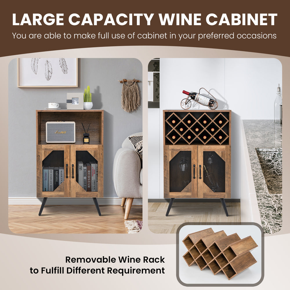 2-door farmhouse kitchen storage bar cabinet in rustic brown with 11-bottle wine rack and glass holder for versatile.