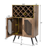 Rustic brown 2-door farmhouse kitchen storage bar cabinet with wine rack, glass holder, and metal mesh doors for.